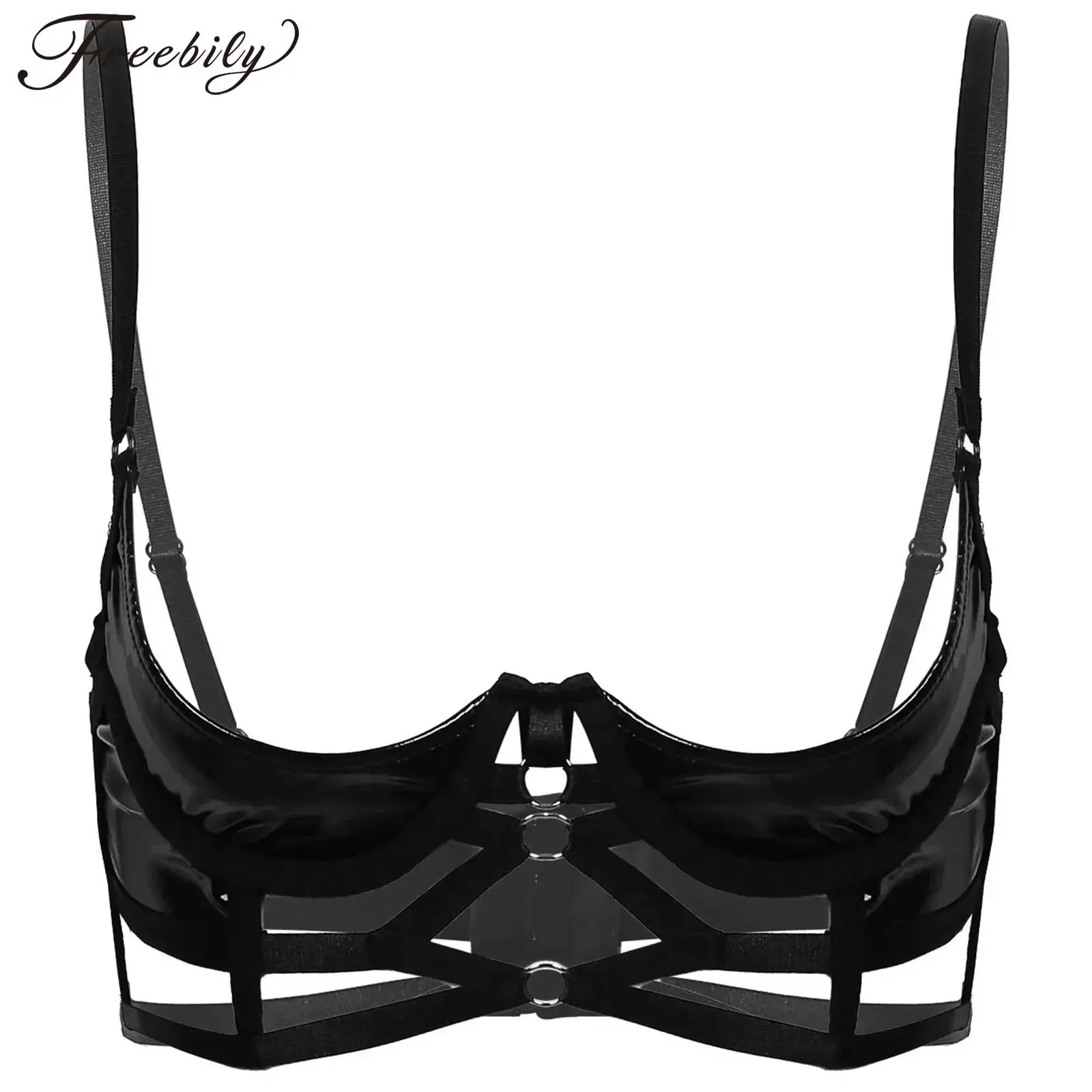 

Womens Sexy Lingerie Leather Bra Wet Look Patent Braltte Spaghetti Straps Open Quarter Cup Strappy Underwired Bra Tops Underwear