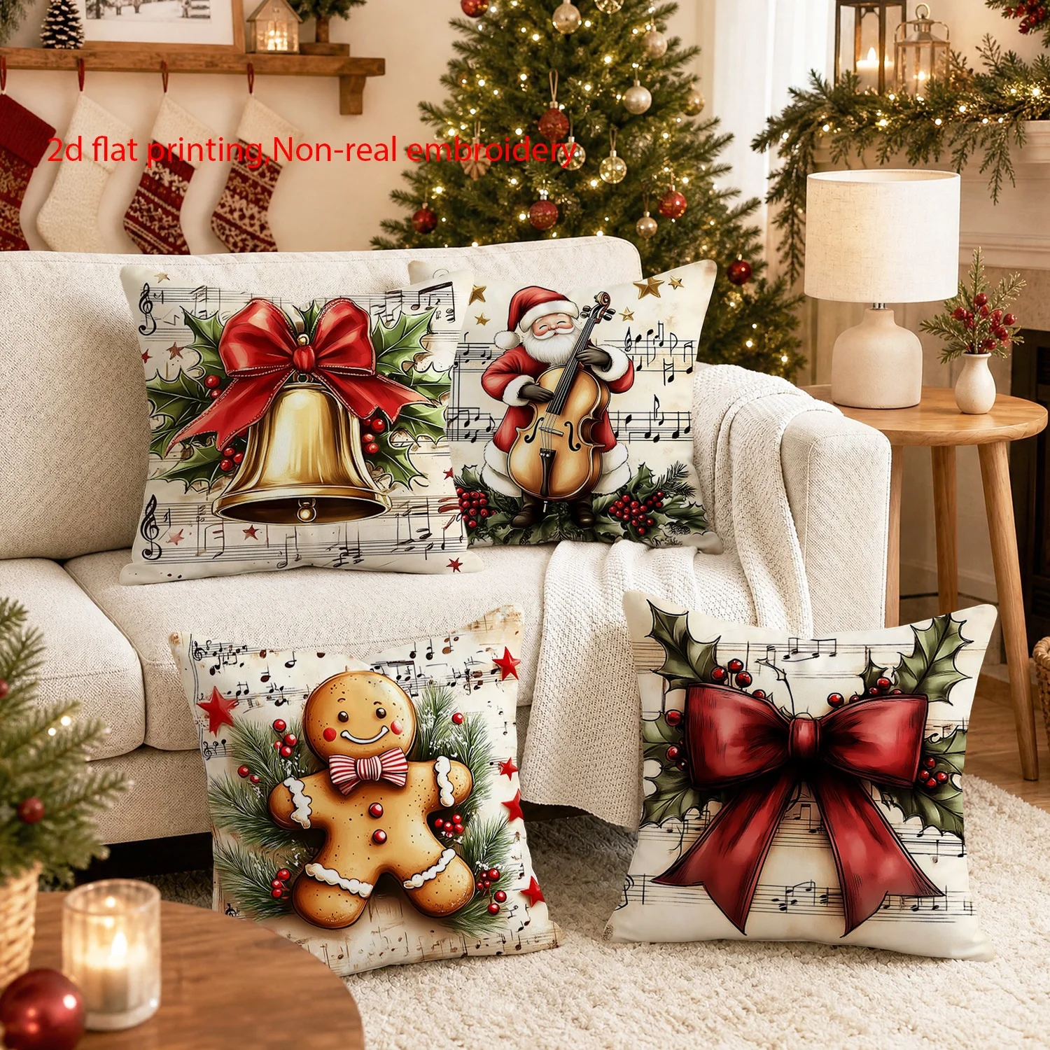 Set of 4 Decorative Throw Pillow Covers with Festive Holiday Themes - Christmas Bell, Gingerbread Man, and Music Notes