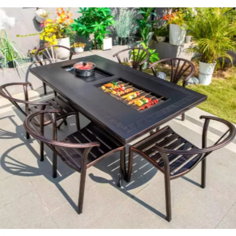 Cast Aluminum Outdoor Dining Set 6-8 Seater Table Chairs BBQ Grill Patio Garden Restaurant Hotel Villa Furniture