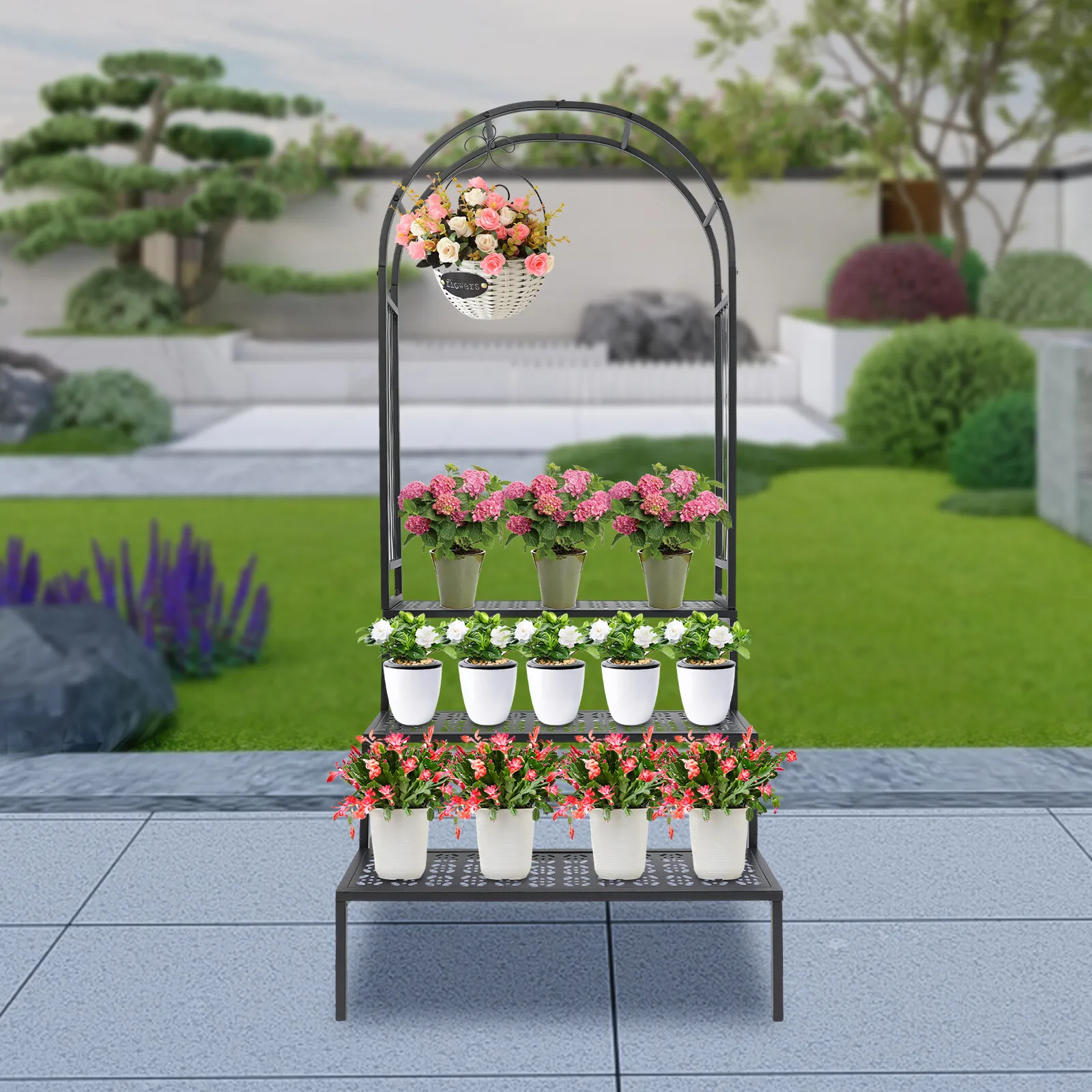 

3-Tiers Garden Arch Plant Stand Freestanding Flower Pot Holder Iron Display Shelf