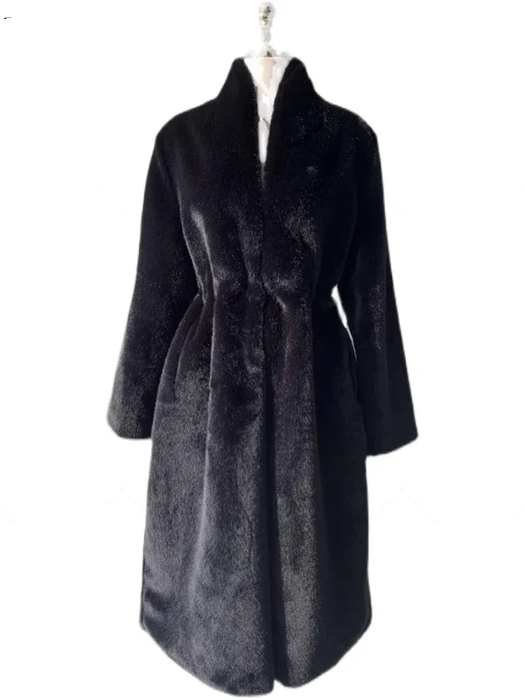 طويل أسود فاخر أنيق أنيق سميك دافئ رقيق شعر ناعم فو فرو المنك معطف المرأة الوقوف طوق الزنانير