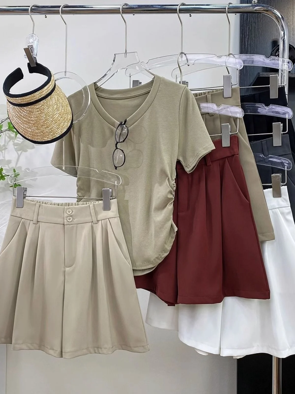 High Waist Double Buckle Ice Silk Suit Shorts Women Summer Large Size Loose Casual Straight Leg Wide Leg A-Line Hot Pants
