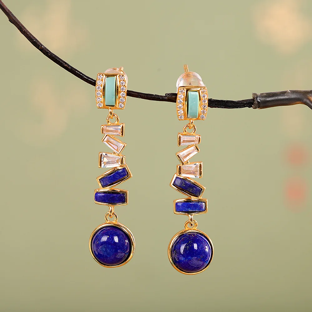 

S925 Sterling Silver Gold-plated Inlaid Lapis Lazuli Turquoise Earrings Personalized Versatile Fashion Earrings