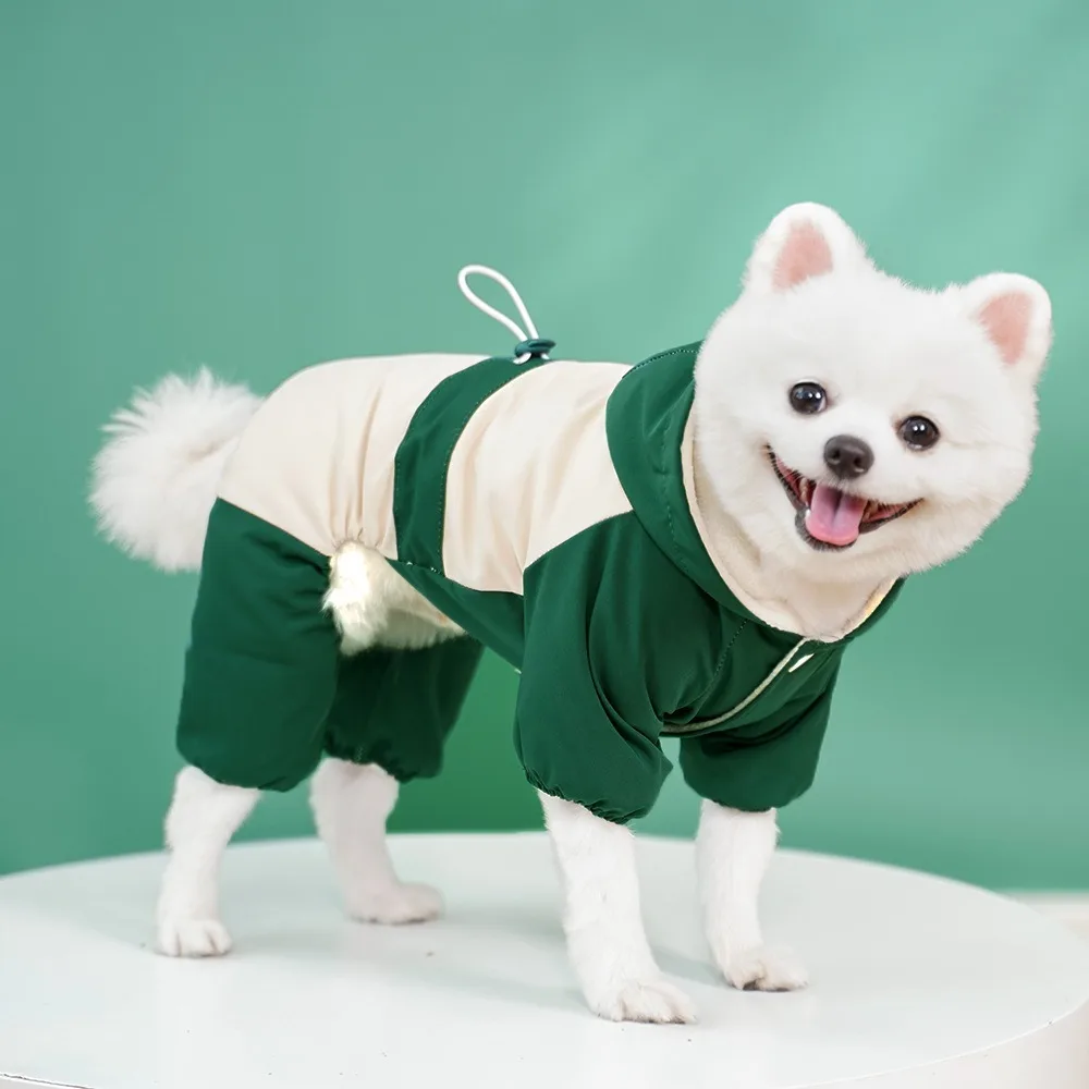 Windproof Dog Hooded Jumpsuit Winter Warm Adjustable Dog Four Legged Clothes Thick Velvet Comfortable Puppy Storm Coat Outdoor