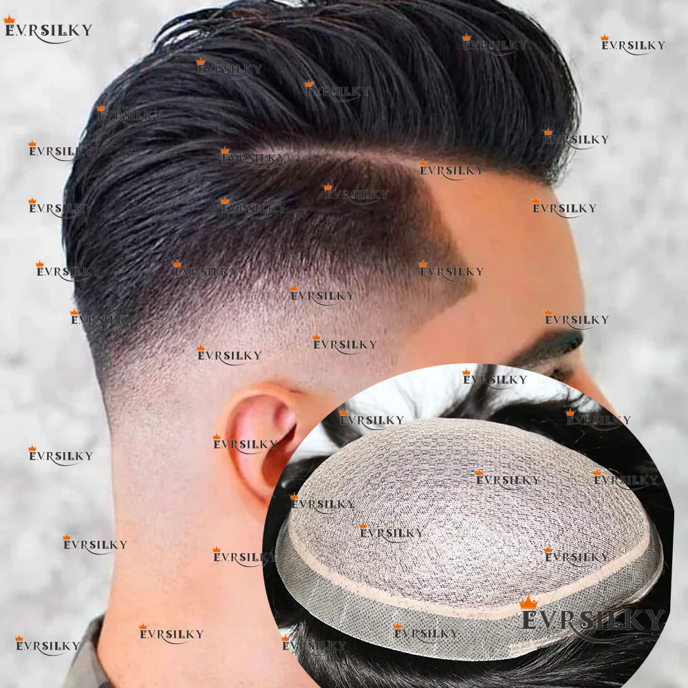 Silk Top Black Men's Toupee Super Durable Natural Scalp Looking Straight/Wave 100% Human Hair Male Wig Prosthesi Bleached Knonts