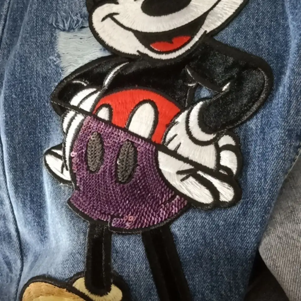 Celana longgar bergaya Mickey lucu kartun Disney untuk wanita, celana denim lurus ramping bersulam musim semi dan musim gugur yang baru, hadiah.