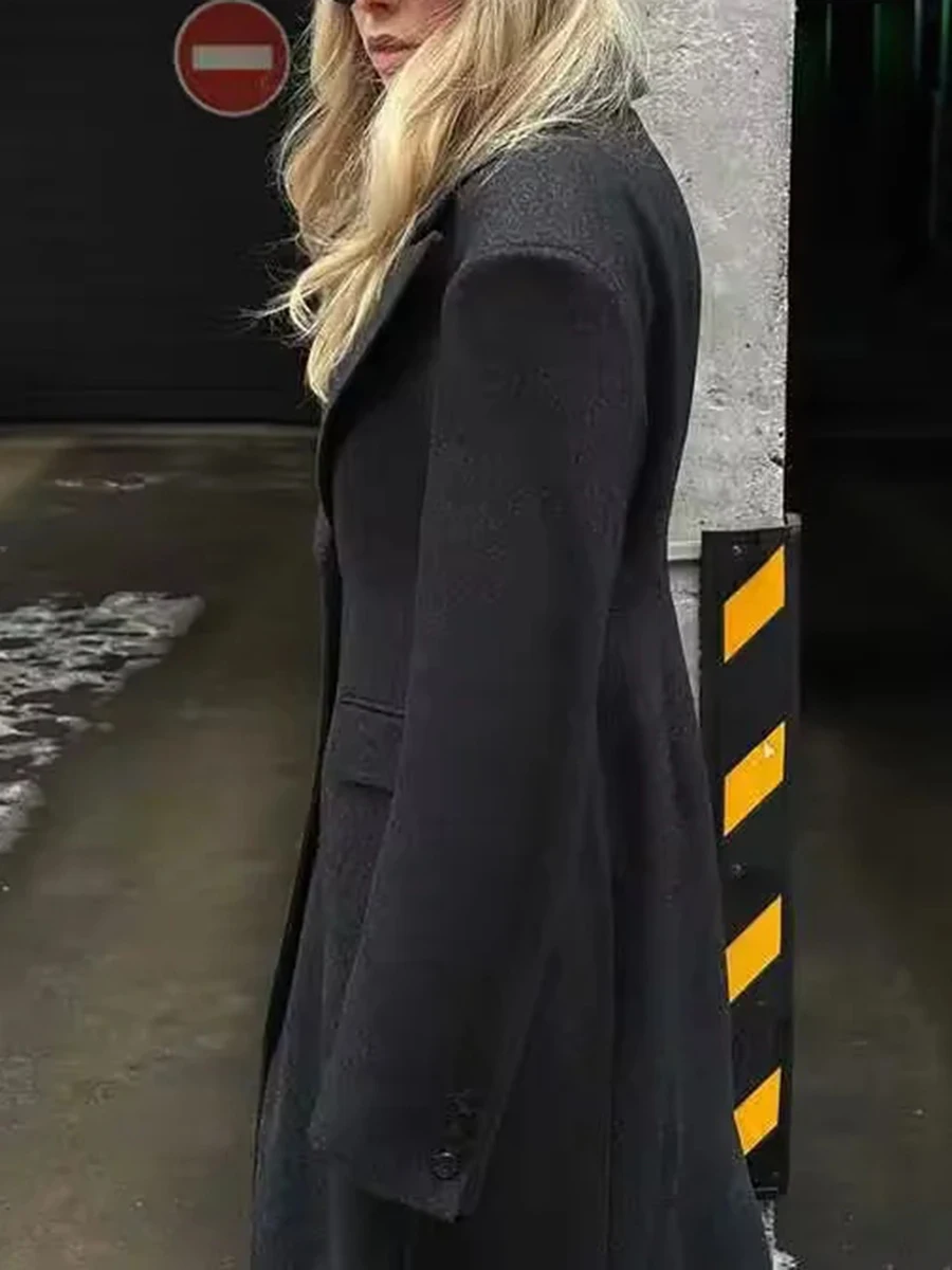 TWOTWINSTYLE Dark Gray Long Wool Coat for Women Notched Collar Long Sleeve Single Breasted Design Slim Chic Office Jacket Female