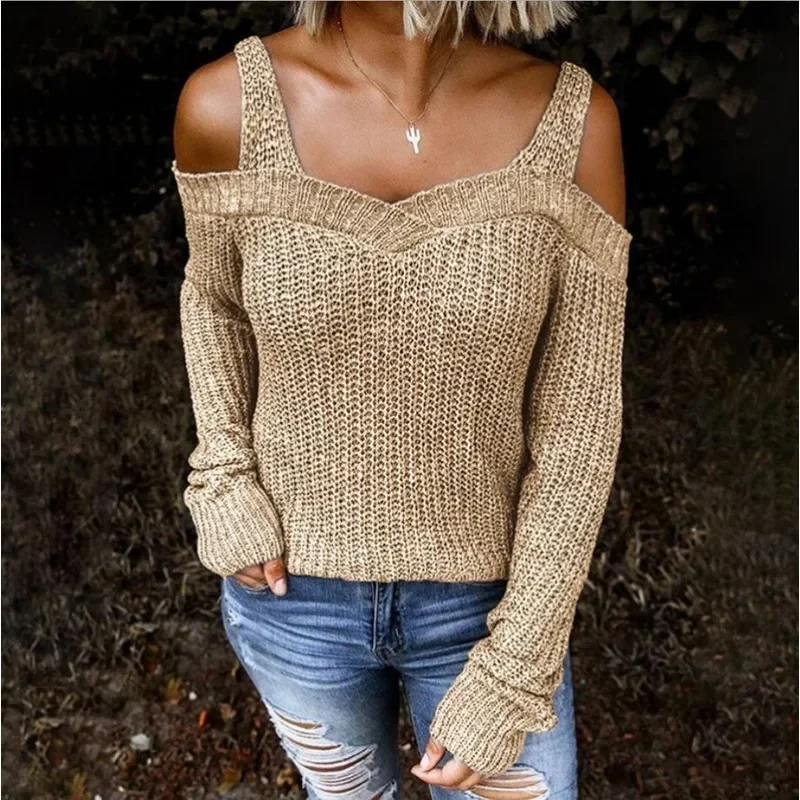 

2024 Fall Sexy Off-the-Shoulder Knit Sweater Winter Warm Pullover Casual Long Sleeve Solid Knitwears Jumper New 30030