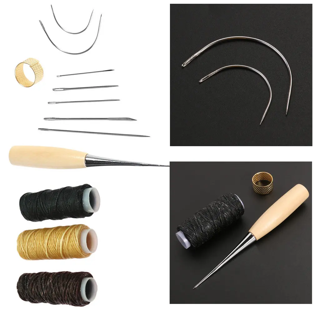 12Pcs Premium Craft Tool Set Hand Sewing Repair Kit with 150D Waxed Thread 12M Log Awl Copper Thimble Needles for DIY