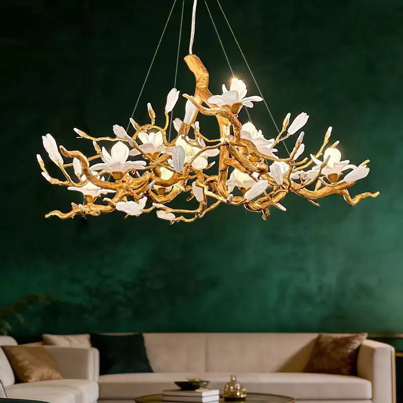 French Luxury All Copper Branch Chandelier Living Room Dining Room Villa Grand Artistic Creativity Magnolia Lighting Fixtures
