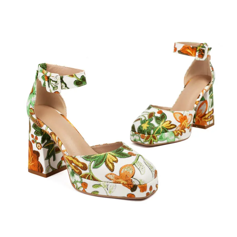 Colorful Flower Print Closed Toe Platform Women Summer Dress Pumps Two Pieces Ankle Wrap Block High Heels Sexy Woman Sandals