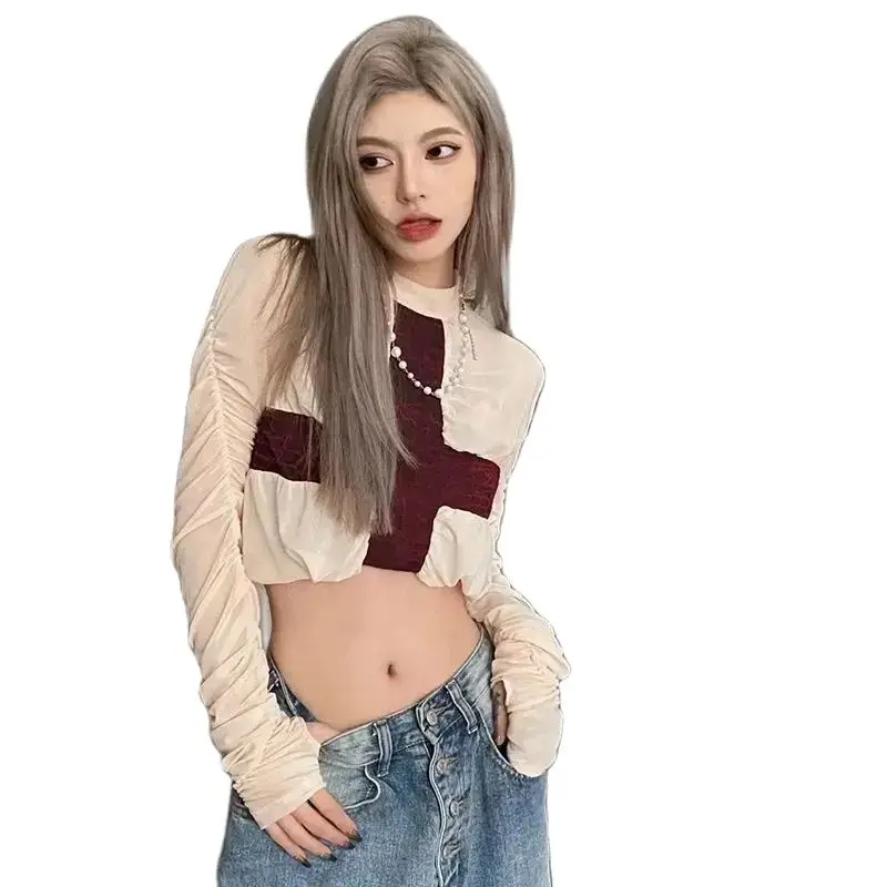 Korean Chic Pullover White Short Long Sleeve Mesh Top Long Sleeve T Shirt Women Transparent Top Patchwork Summer Fashion Clothes