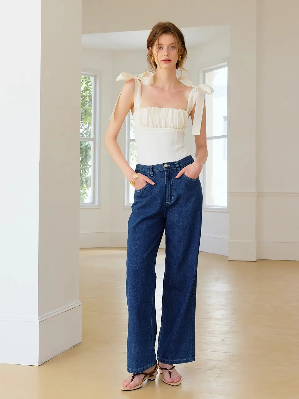 

High Waist Wide Leg Classic Sle Jeans FrigidOrg Autumn Vintage Decorated with Colion Nails Versatile Deep Color Cotton