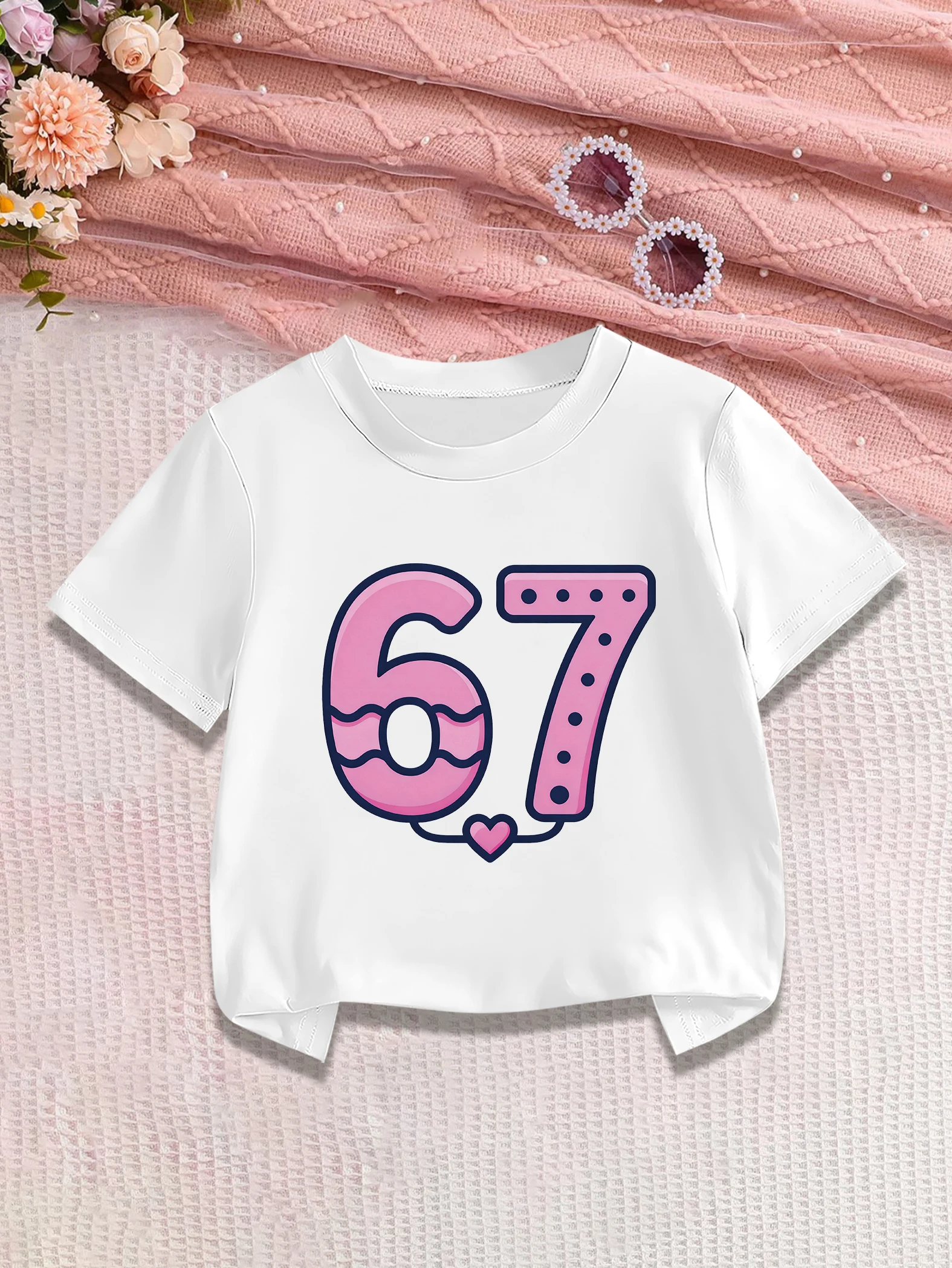 

1 шт.: милая летняя футболка с короткими рукавами для девочек с принтом «Мультяшные волны 6» и «Точки 7»