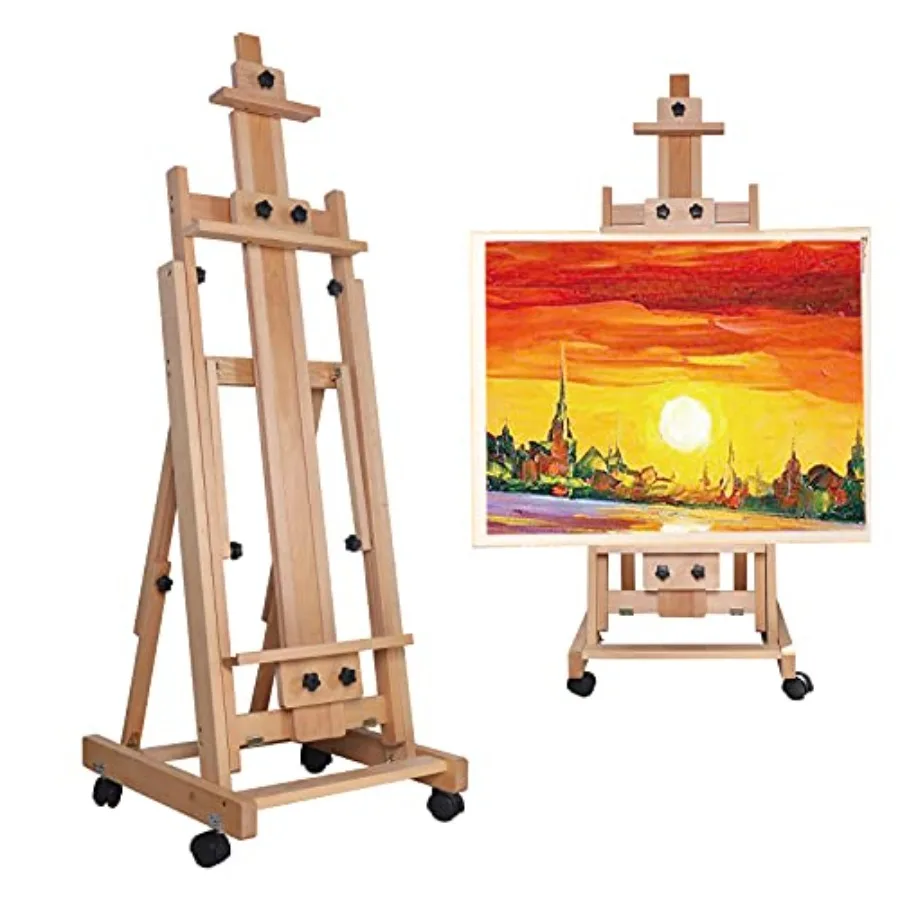 

Portable Collapsible H-Frame Easel 56" to 91" H Solid Beech Wood Large Artist Painting Easel Tilts Flat Movable Floor Stand wit