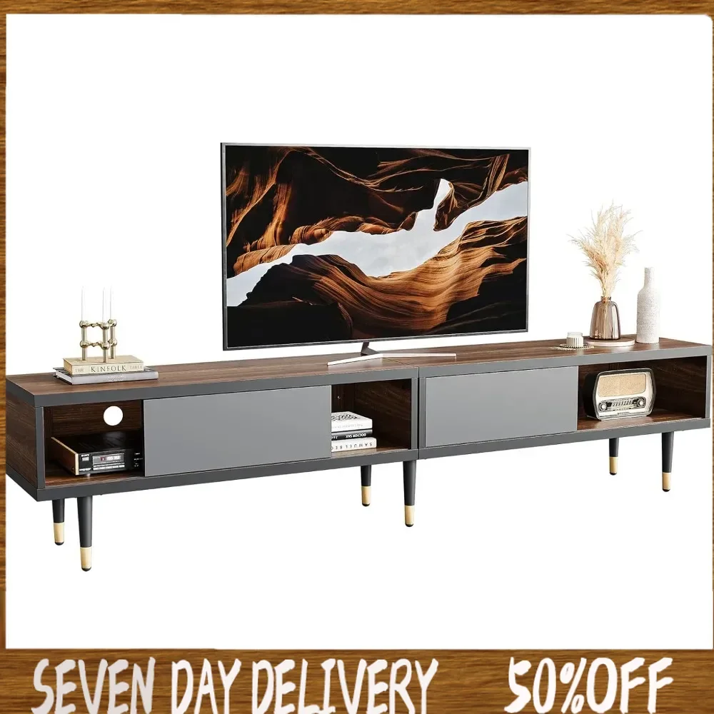 Mid Century Modern TV Stand for 85 inch tv, Entertainment Center with Storage and Sliding Doors, 2 in 1 Long TV Cabinet Room