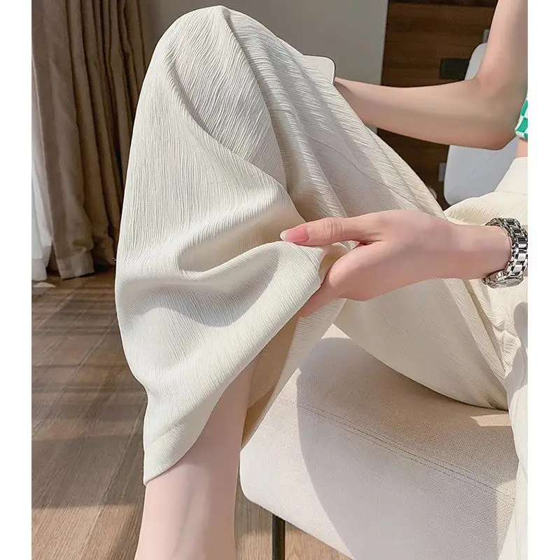 Ice Silk Chiffon Wide Legs Women's Narrow Version Large Size Summer Thin High Waist Drooping Fat Mm Straight Suit Pants