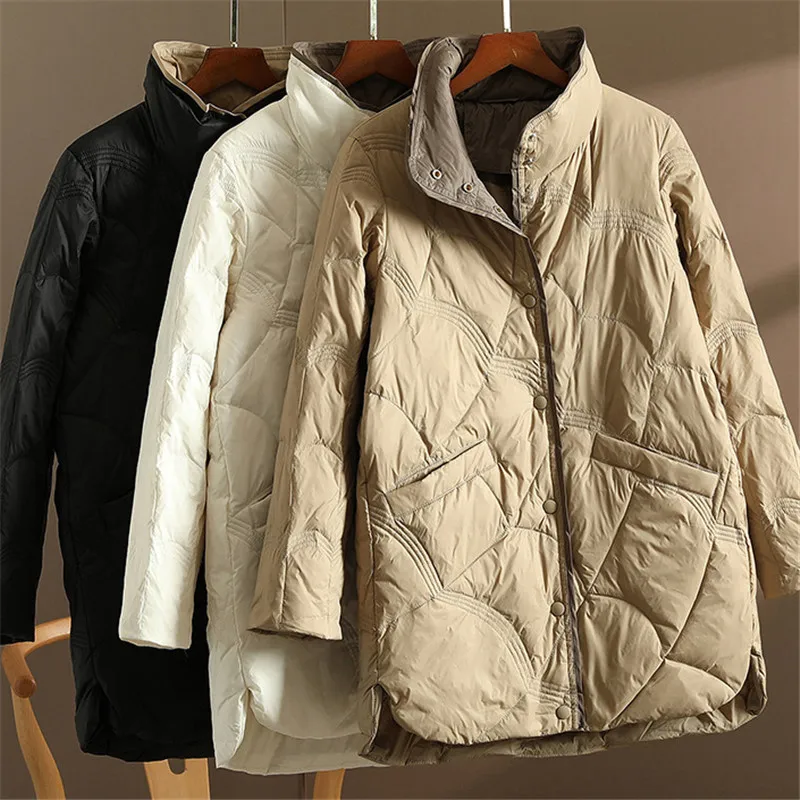 

2022 Autumn Winter Women Warm Thick White Duck Down Jacket Parkas Slim Stand Collar Loose Down Coat Ladies Long Puffer Outwears
