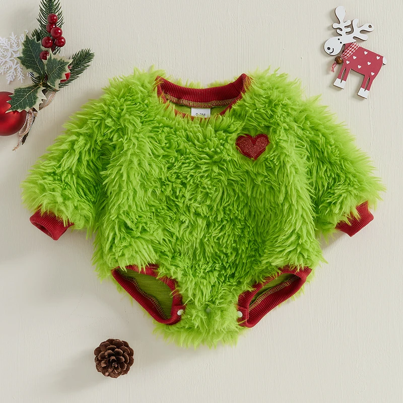 Baby Christmas Fuzzy Romper Green Monster Heart Pattern Long Sleeve Crew Neck Bubble Jumpsuit