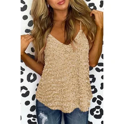 Plus Size Apricot Casual V-neck Sleeveless Sequin Tank Tops