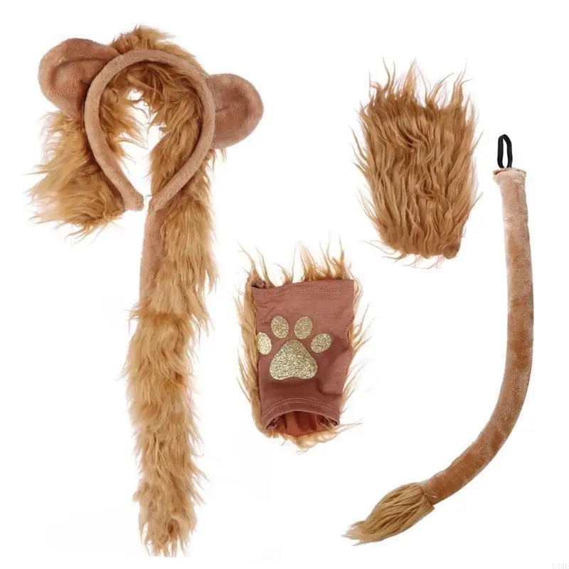

652F Halloween Costume Lion Plush Ears Headband Tail and Paws Lion Fingerless Costume for Adults Kids Halloween Decor