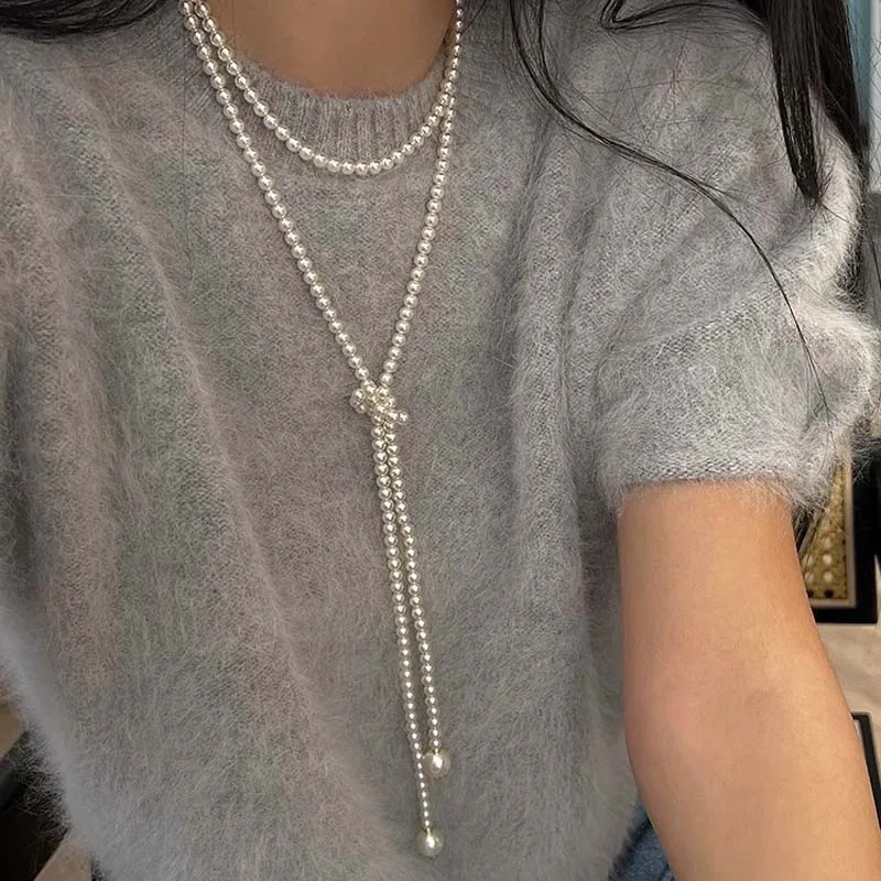 Vintage Imitation Pearl Long Chain Necklace for Women Elegant Classic Multilayer Pearl Clavicle Chain Necklaces Jewelry Gift