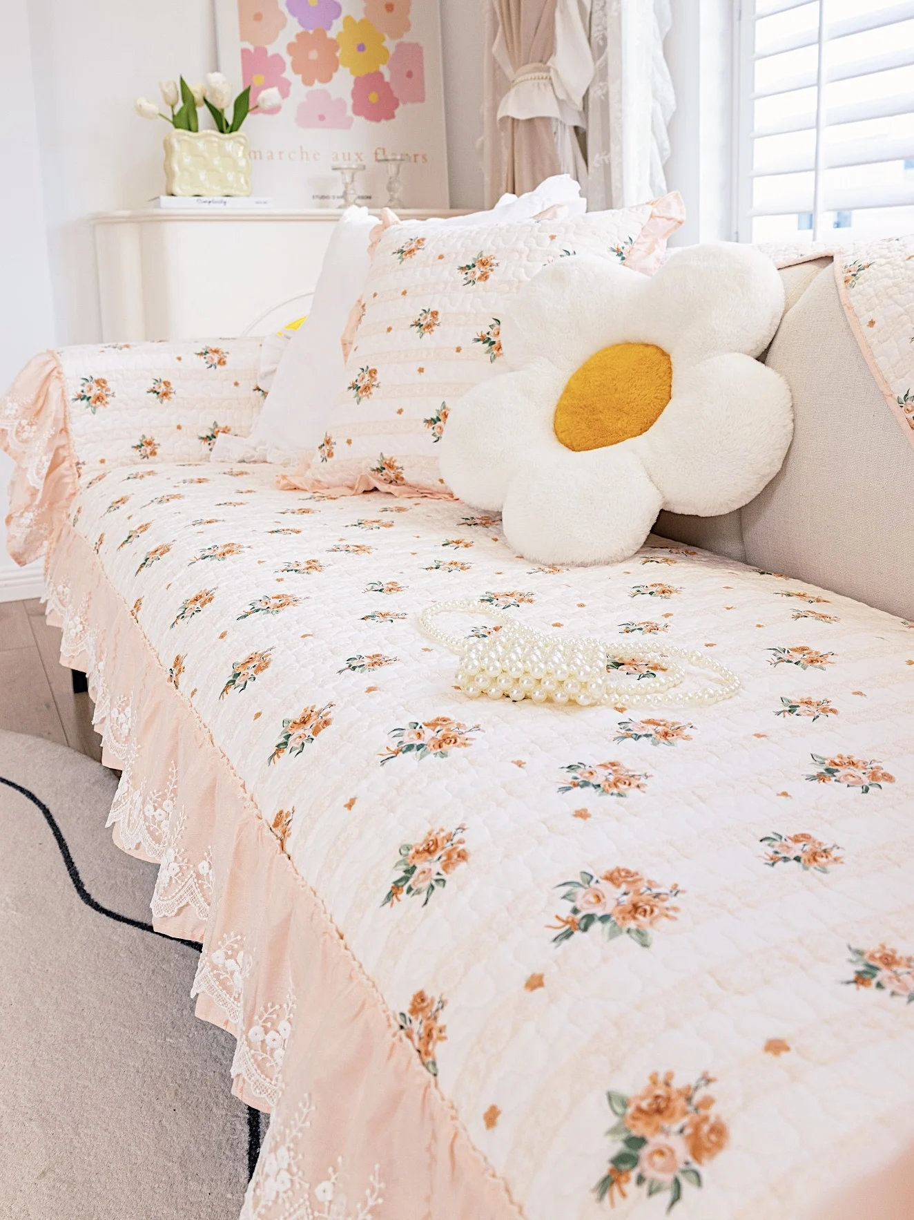 

Романтические хлопковые чехлы для диванных подушек с цветочным кружевом, розовые, в деревенском стиле, универсальные для всех сезонов, машинная стирка, противоскользящие накладки