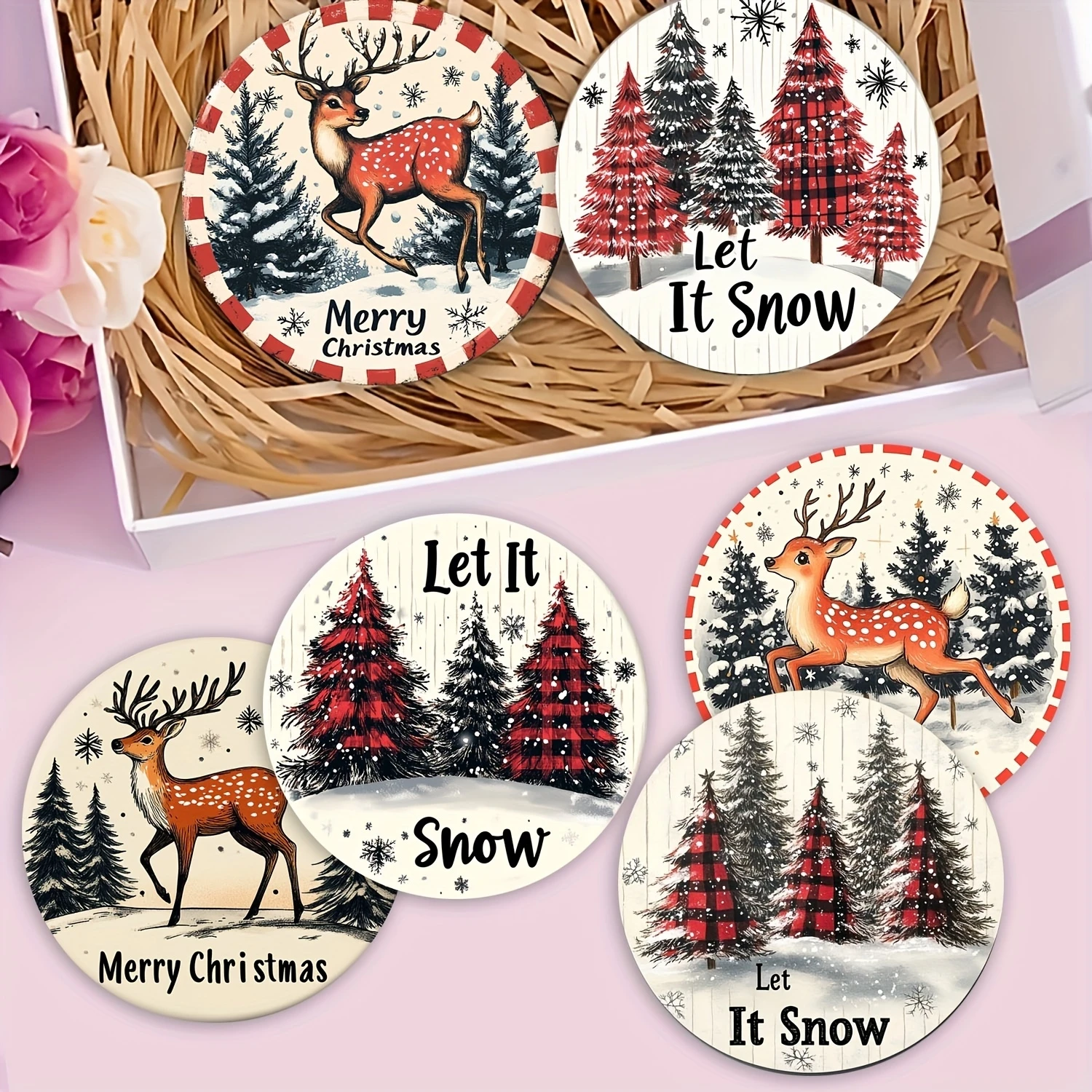 Christmas round Wooden Anti-Scald Cup Mat 2D Checkered Pattern with Deer Pine Trees & Snowflake Design Holiday Party Table Decor