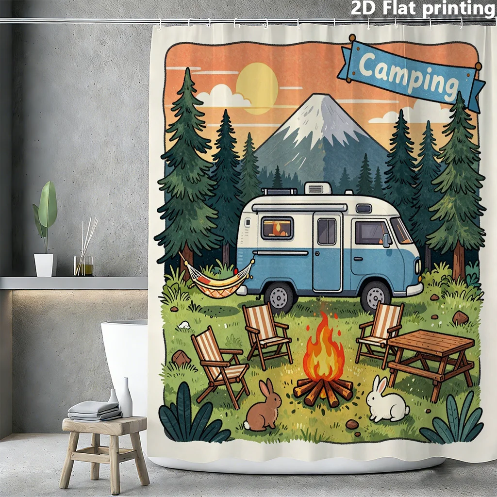 

Занавеска для душа с изображением кемпинга, 1 шт., полиэстер, 2D плоская печать, 70.8x70.8 дюймов, сине-белая, с иллюстрацией кемпера, леса, гор и огня