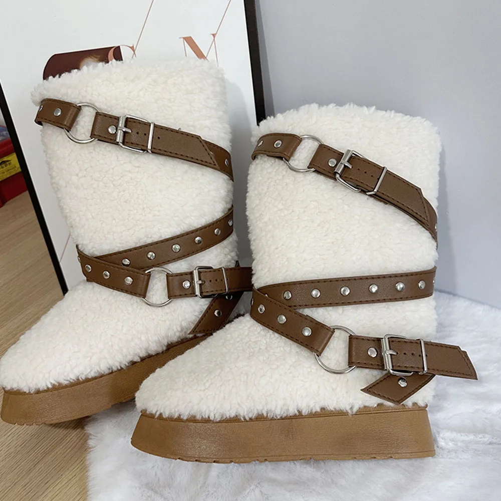 New  Snow Women Boots With Fur Platfrom  Belt Buckle Design Round Toe Mid Calf Shoes Luxury  Winter Warm Causal Boots