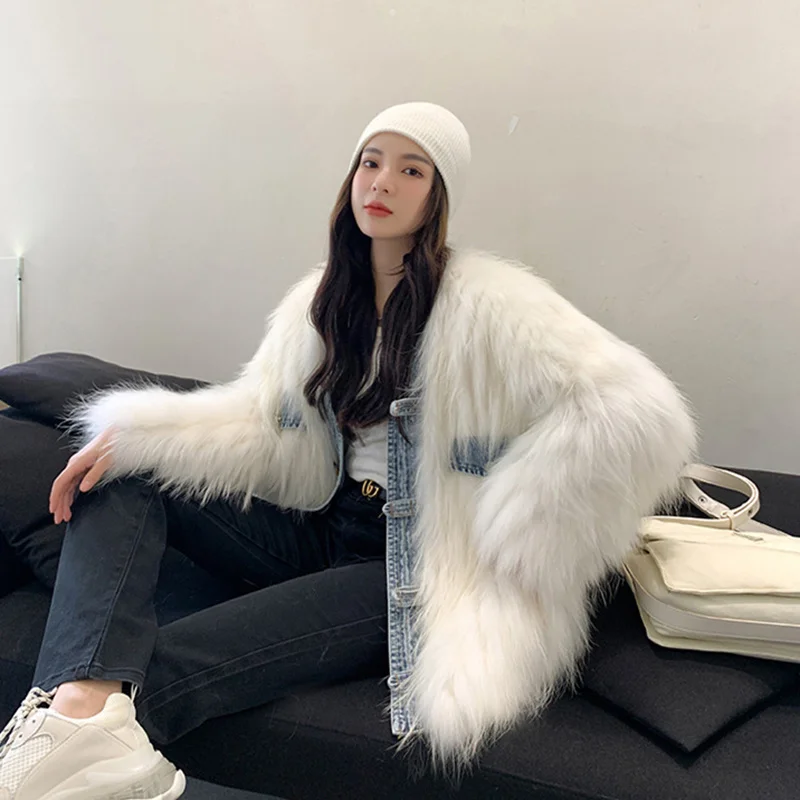 Winter frauen Fur Fashion Mantel Denim Nähen Echt Fuchs Waschbär Hund Pelz Medium und Lange Einreiher Geflochtene Jacke frauen