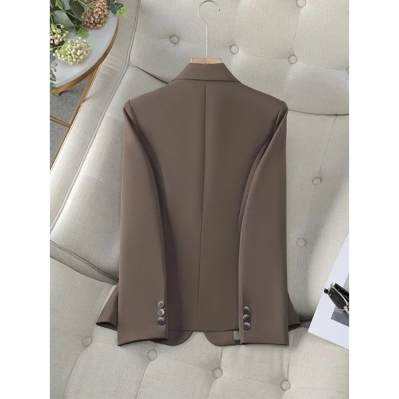 Blazer Formal wanita lengan panjang, pakaian kerja jaket bisnis lengan panjang warna cokelat krem untuk musim gugur dan musim dingin