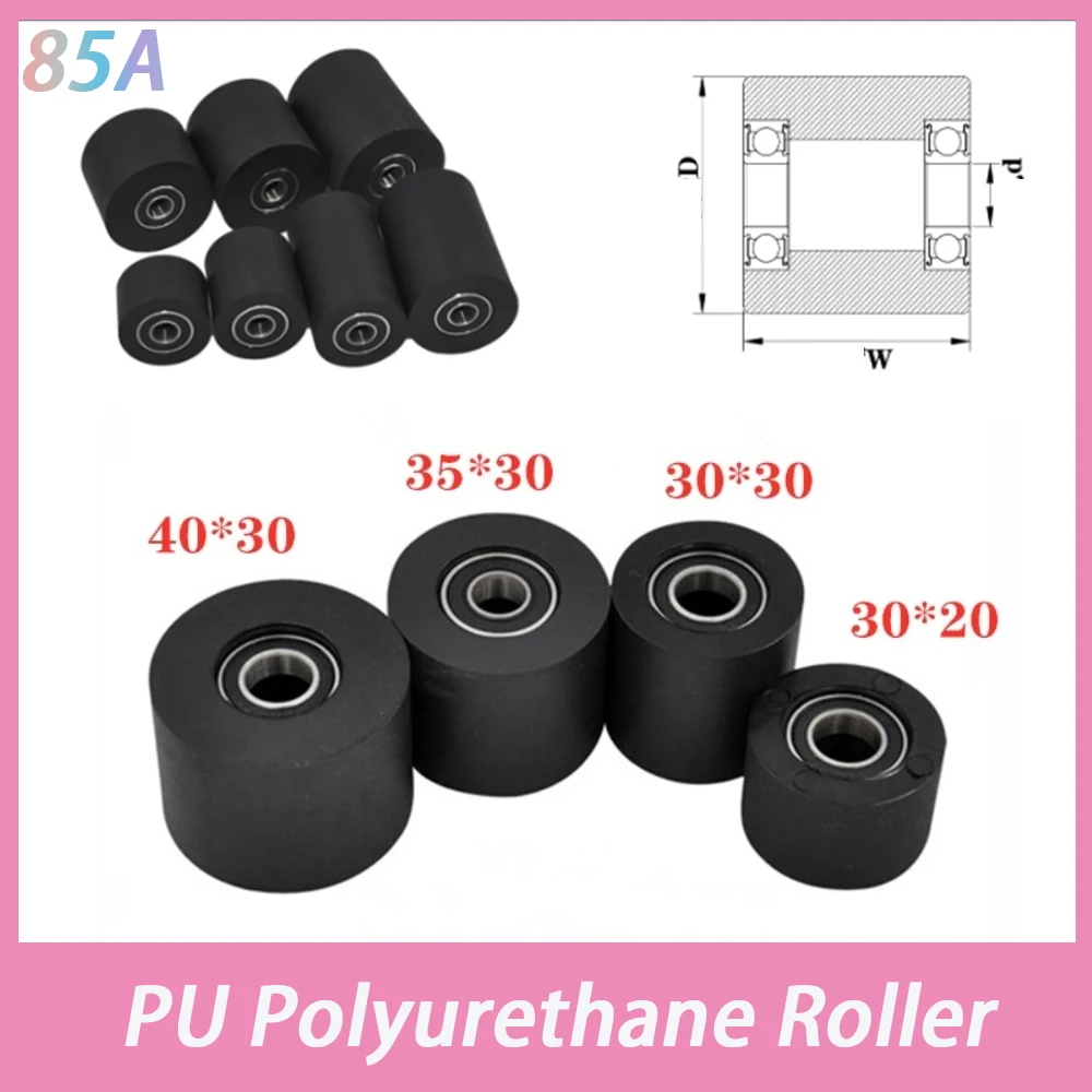 1Pcs PU Polyurethane Roller 85A Hardness Dual Bearing Mute Flat Guide Wheel PU Rubber Pulley Wear-Resistant ID3-10mm OD15-50mm