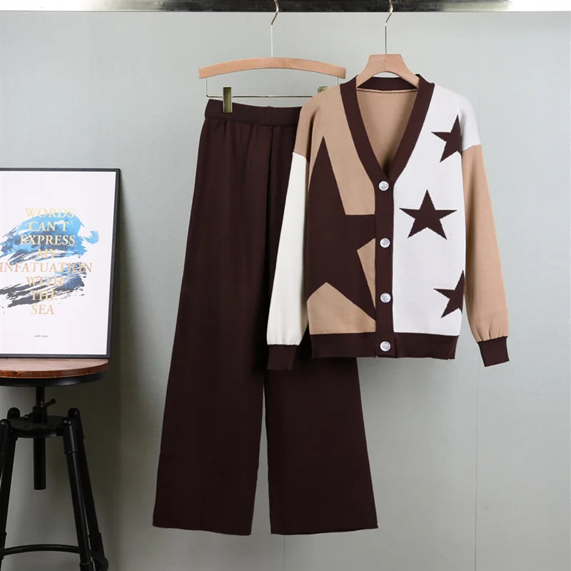 Two Piece Set Women Outfits Print Cardigan Single Breasted V Neck Knitted Sweater Coat Wide Leg Pants Suit Knitting Tracksuit