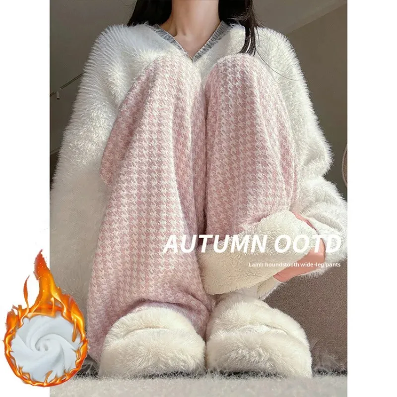 秋冬新作 ストレートレッグ スリム ラムベルベット チェック柄 ワイドレッグパンツ ゆったりスタイル レディース カジュアルパンツ