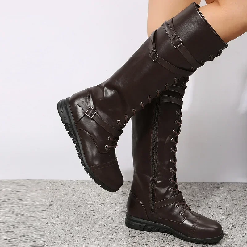 Knee High Boots Women Fashion Buckle High Tube PU Leather Boots Woman Zip Low Heels Long Botas Mujer Plus Size 43