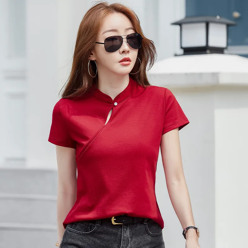 #0415 Black Red Yellow Vintage T Shirt Stand Collar Hollow Out Slim Fit Cotton 95% Womens Tee Shirts Short Sleeve Chinese Style