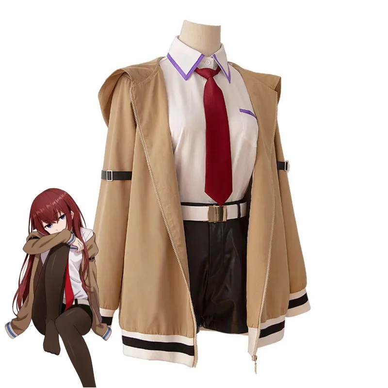 CyGame ستينز بوابة Makise Kurisu كريستينا تأثيري حلي معطف مقنع قميص السراويل رياضية شعر مستعار امرأة كرنفال هالوين البدلة