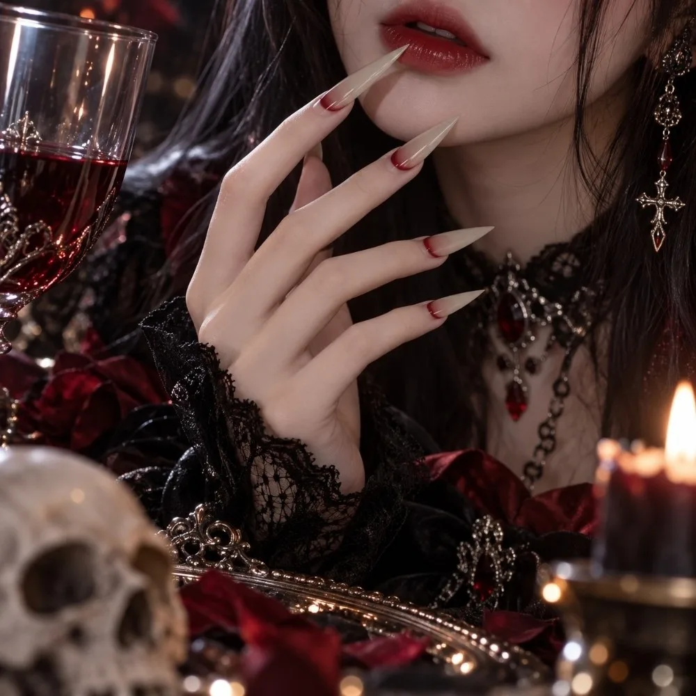 Durable Gothic Halloween False Nails Long Pointed Gradient Blood Stained Fake Nail Wearable Nail Tips Set Party