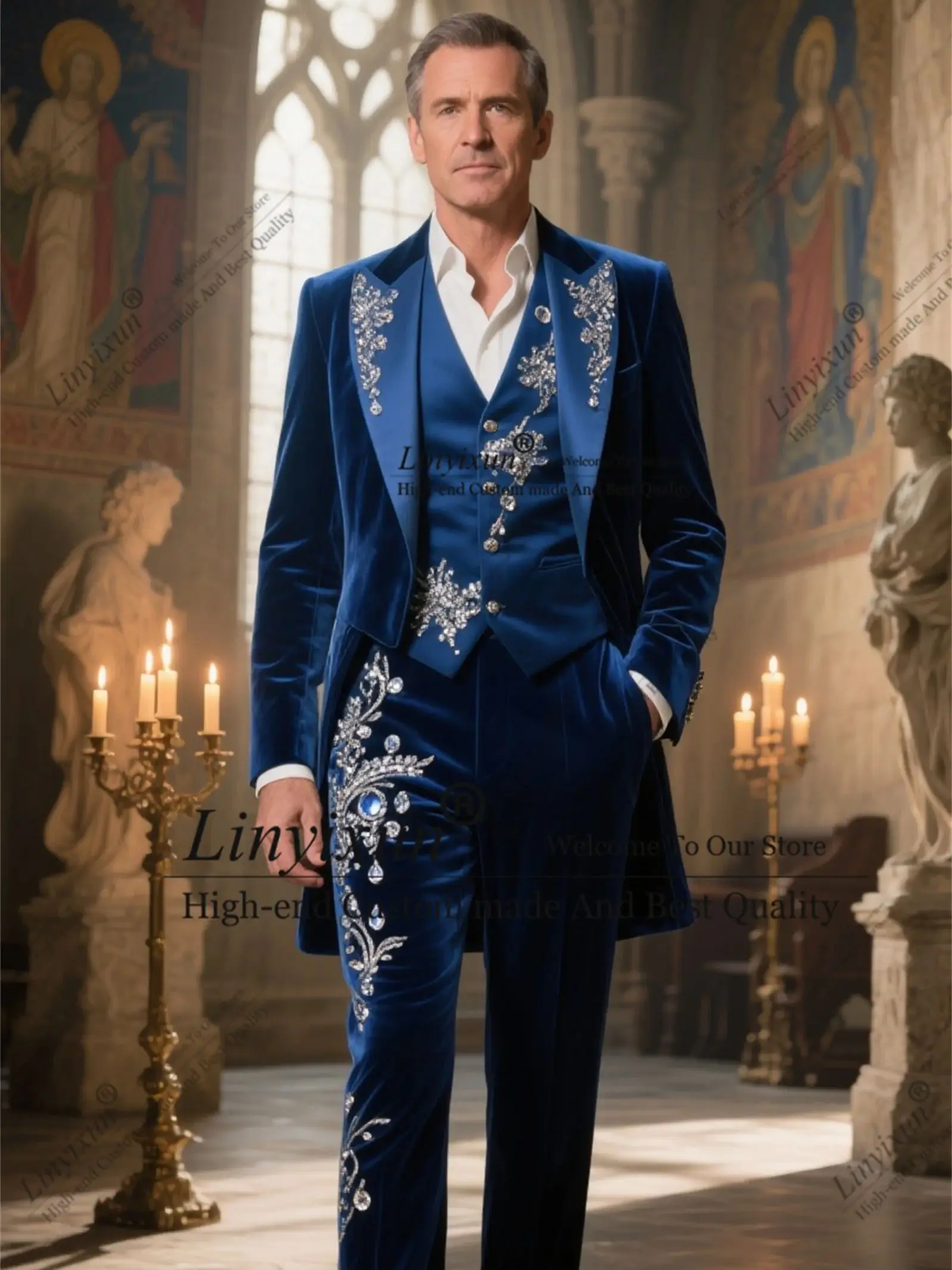 

British design style Vevet Men Suit 3 Pieces Groom Male Blazers Slim Customized Wedding Tuxedos Beaded Crystals Ropa hombre