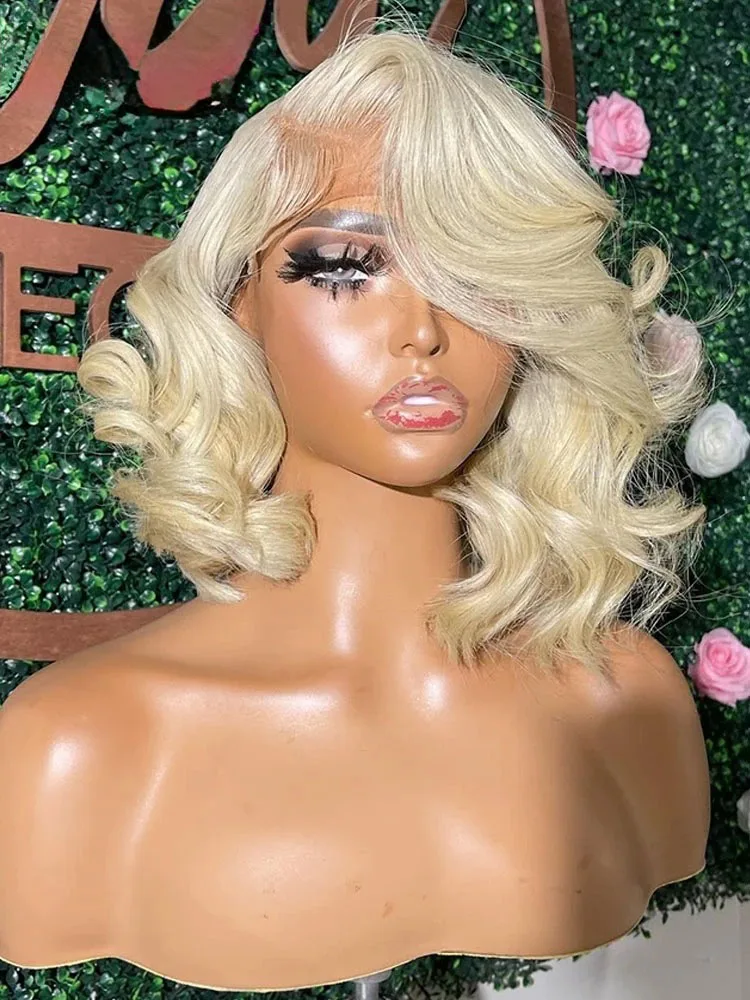 

613 Парик фронта шнурка Бесклеевая блондинка 13x4 Короткие парики Боб Готовый к ношению Синтетический парик Предварительно выщипанные парики с объемной волной для женщин Косплей