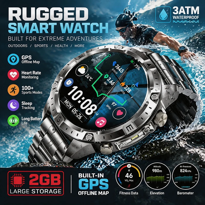 TANK Military Grade GPS Offline Maps Smart Watch 2GB 730mAh 3ATM Waterproof Sports Compass Heart Rate Bluetooth Call Watch 2026