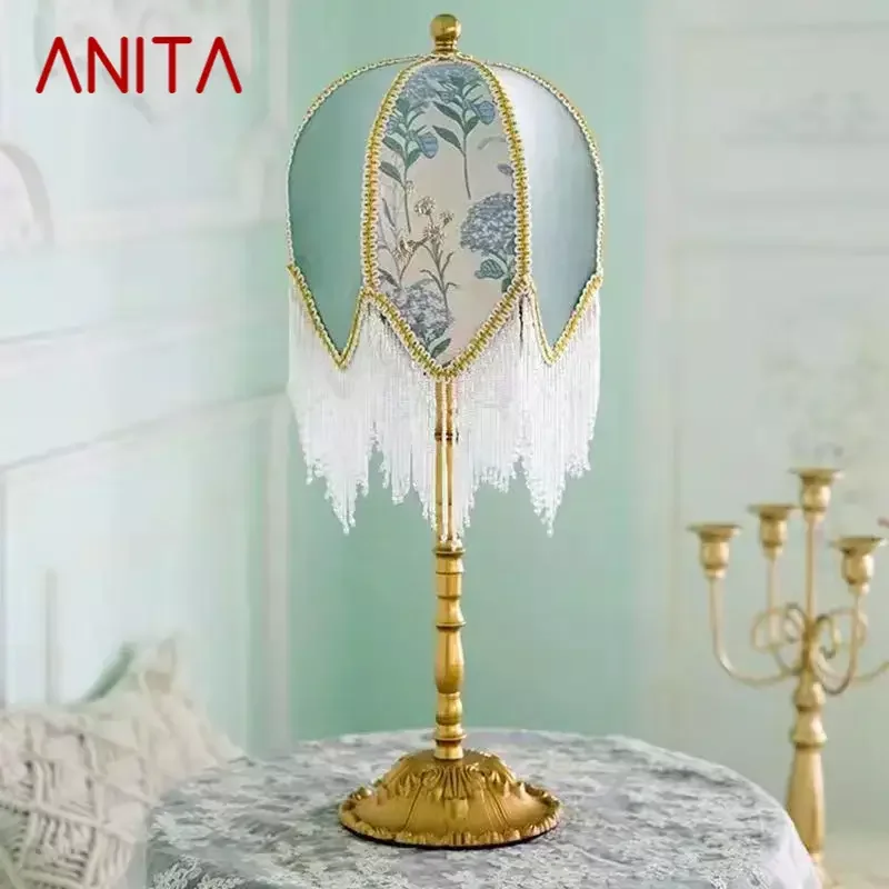 

ANITA French Green Table Lamp American Retro Living Room Bedroom Villa European Pastoral Creative Tassels Desk Light