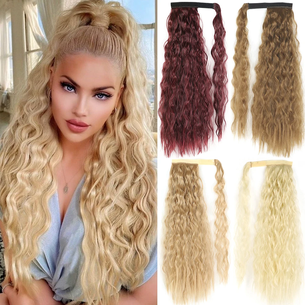 

Synthetic Long Corn Wavy Ponytail Hairpiece 55 85cm Wrap Around Hair Clip in Black Ombre Blonde Hair Extensions Pony Tail