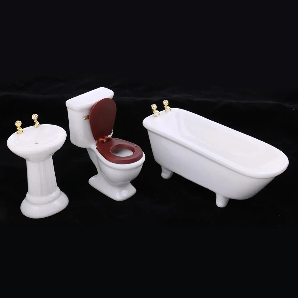 1:12 Scale Porcelain Bathroom Set Toilet Basin Bathtub Dollhouse Accessory