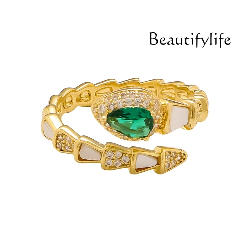 New green crystal serpentine open ring women's niche design high-end light luxury temperament ring