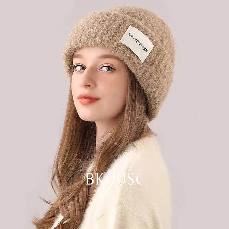 Soft Coarse Wool Knitted Stylish Skullies & Beanies Winter Warm 55-60cm Head Letter Label Elastic Thick Fluffy Kniting Bonnet