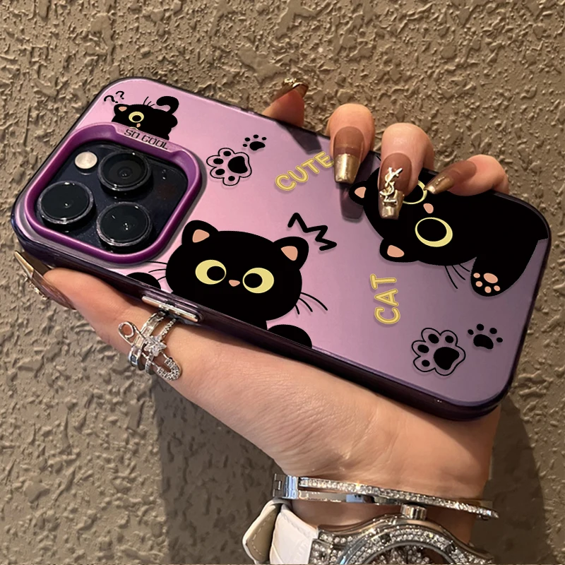 Cartoon Cute Black Cat Phone Case for Samsung Galaxy S25 Edge S24 S23 S22 S21 S20 Ultra Plus FE A56 A36 A26 Shockproof Cover