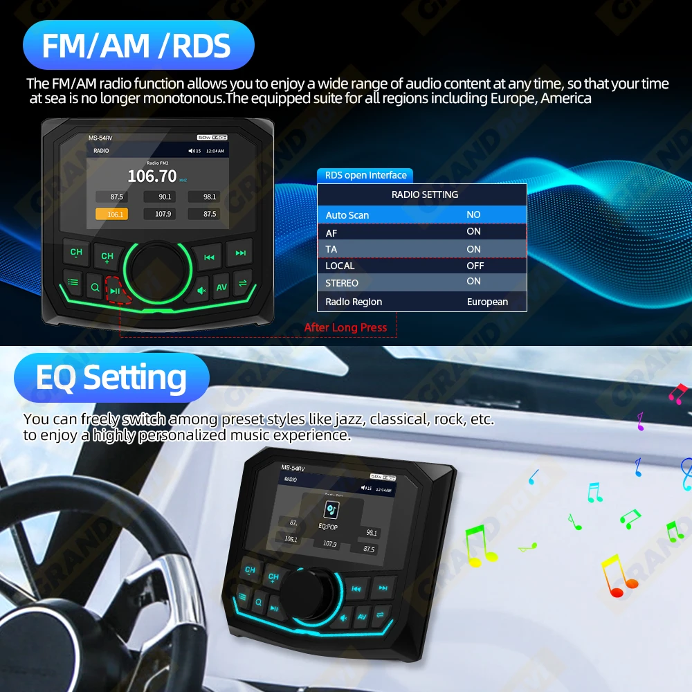 Reproductor marino RadioMP5, barco estéreo para yate, RV, ATV, UTV, carrito de Golf, FM, AM, RDS, medios digitales, Audio, Bluetooth, IPX5, resistente al agua