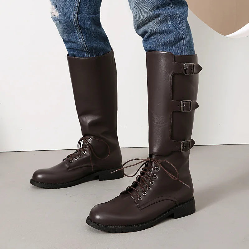 Men's Boots Belt Buckle Western Boots Retro Lace-up Pu Leather High Boots Outdoor Casual Shoes Designer Plus Size Mid-Calf Boot view 4